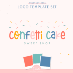 DIY Sprinkles font Logo Template editable in Canva with free brand board template. Confetti Cake party logo to style your brand and business professionally.
