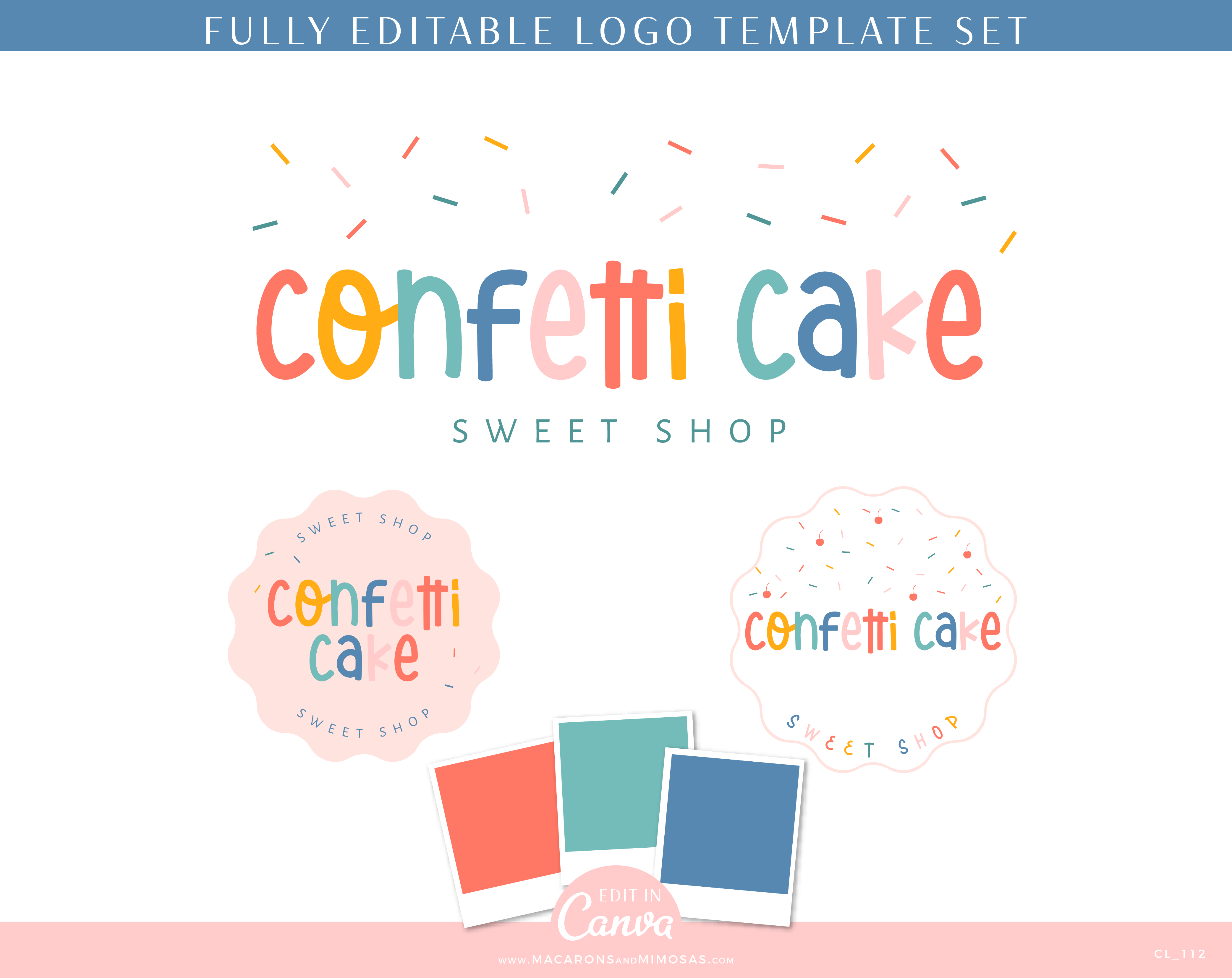DIY Sprinkles font Logo Template editable in Canva with free brand board template. Playful fun confetti Cake party logo to style your brand and business professionally.