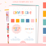 DIY Sprinkles font Logo Template editable in Canva with free brand board template. Confetti Cake party logo to style your brand and business professionally.