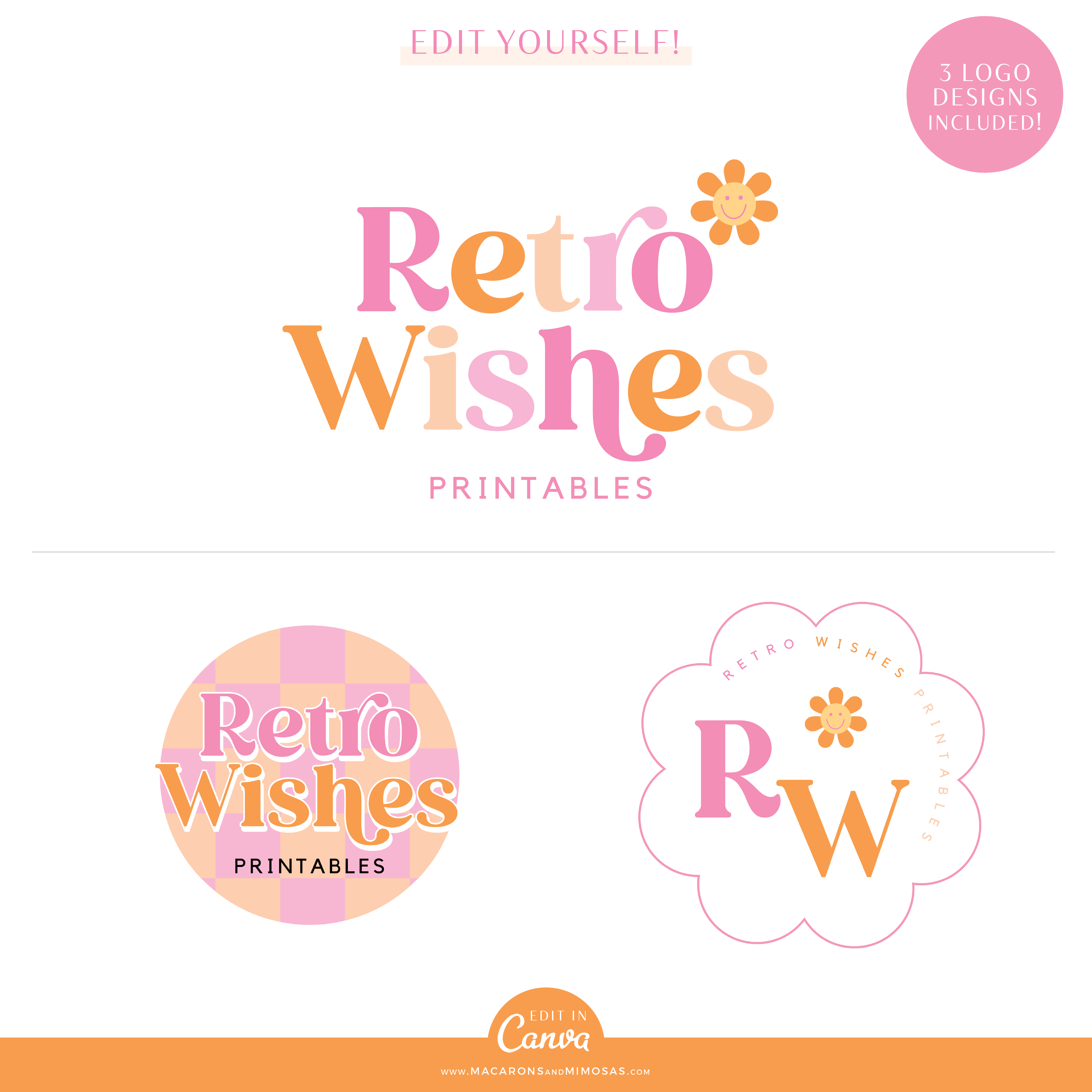 Retro daisy logo design template with flower icon graphic in pink and orange color scheme. Perfect for any business to style its brand.