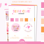 Logo design template pink editable canva brand design. Cute hearts and stars in a colorful layout. Edit your own business name in this stylish new brand.