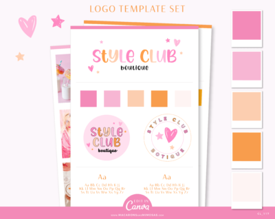 Logo design template pink editable canva brand design. Cute hearts and stars in a colorful layout. Edit your own business name in this stylish new brand.