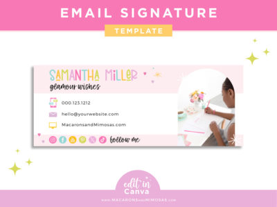 Email signature template in a colorful rainbow style to edit in Canva. Give your emails a professional and stylish finish! Add a clickable link.