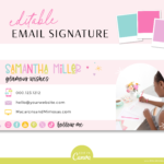 Email signature template in a colorful rainbow style to edit in Canva. Give your emails a professional and stylish finish! Add a clickable link.