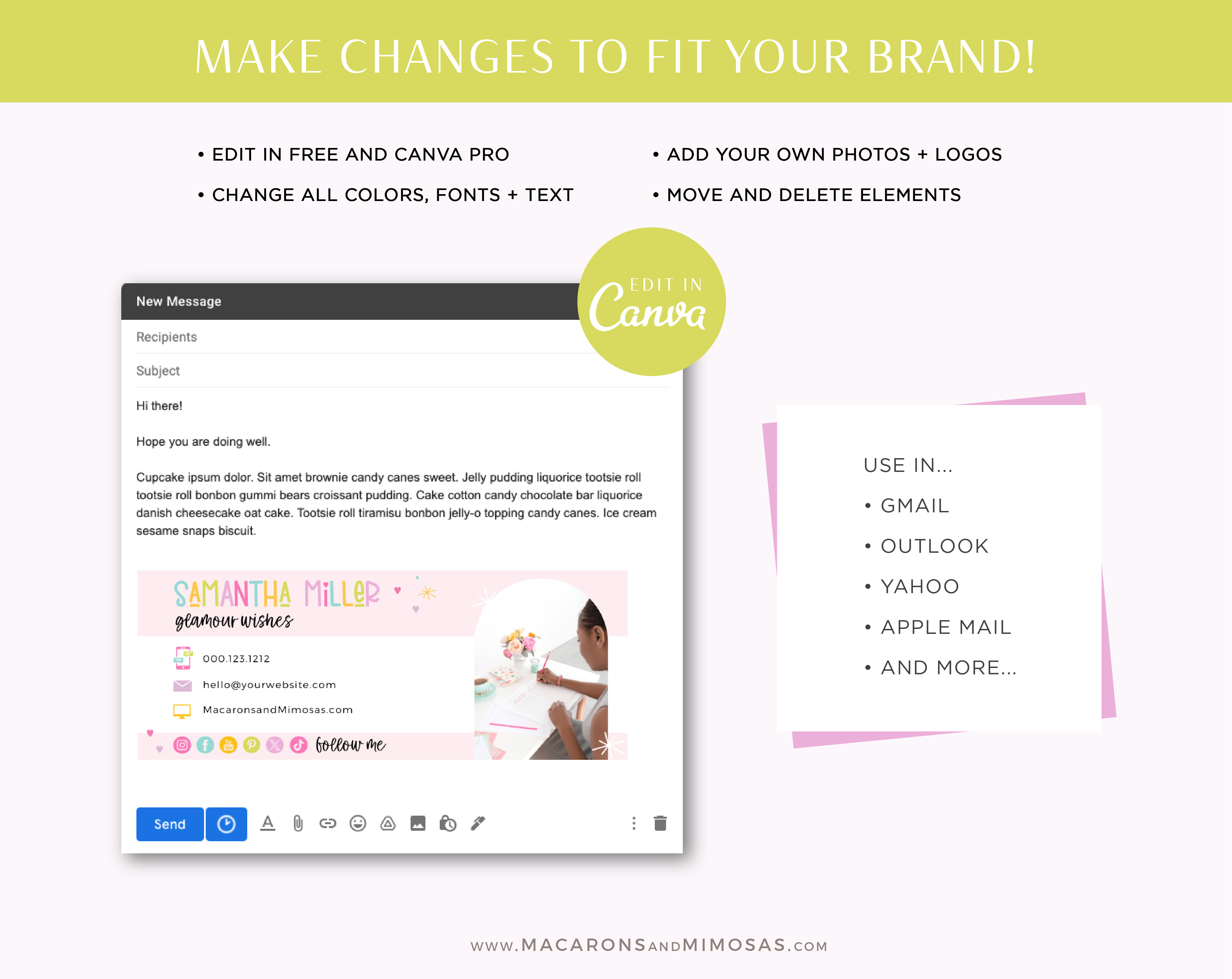 Email signature template in a colorful rainbow style to edit in Canva. Give your emails a professional and stylish finish! Add a clickable link.