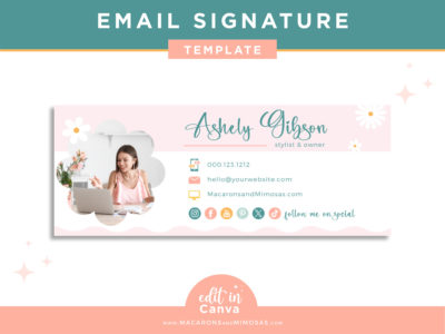 Daisy Email Signature Template Canva. Pretty Pink flower email signature design to give your emails a professional look and stunning style!