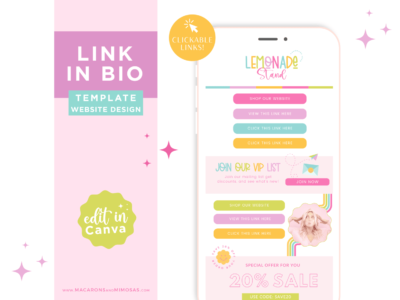 The best Link in Bio template is editable in Canva. Drive Clicks to your website through your TikTok and Instagram Social media accounts.