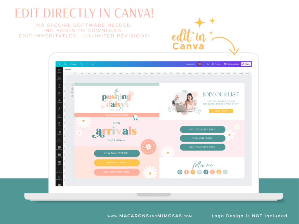Retro Link in Bio Template for Canva • Macarons and Mimosas