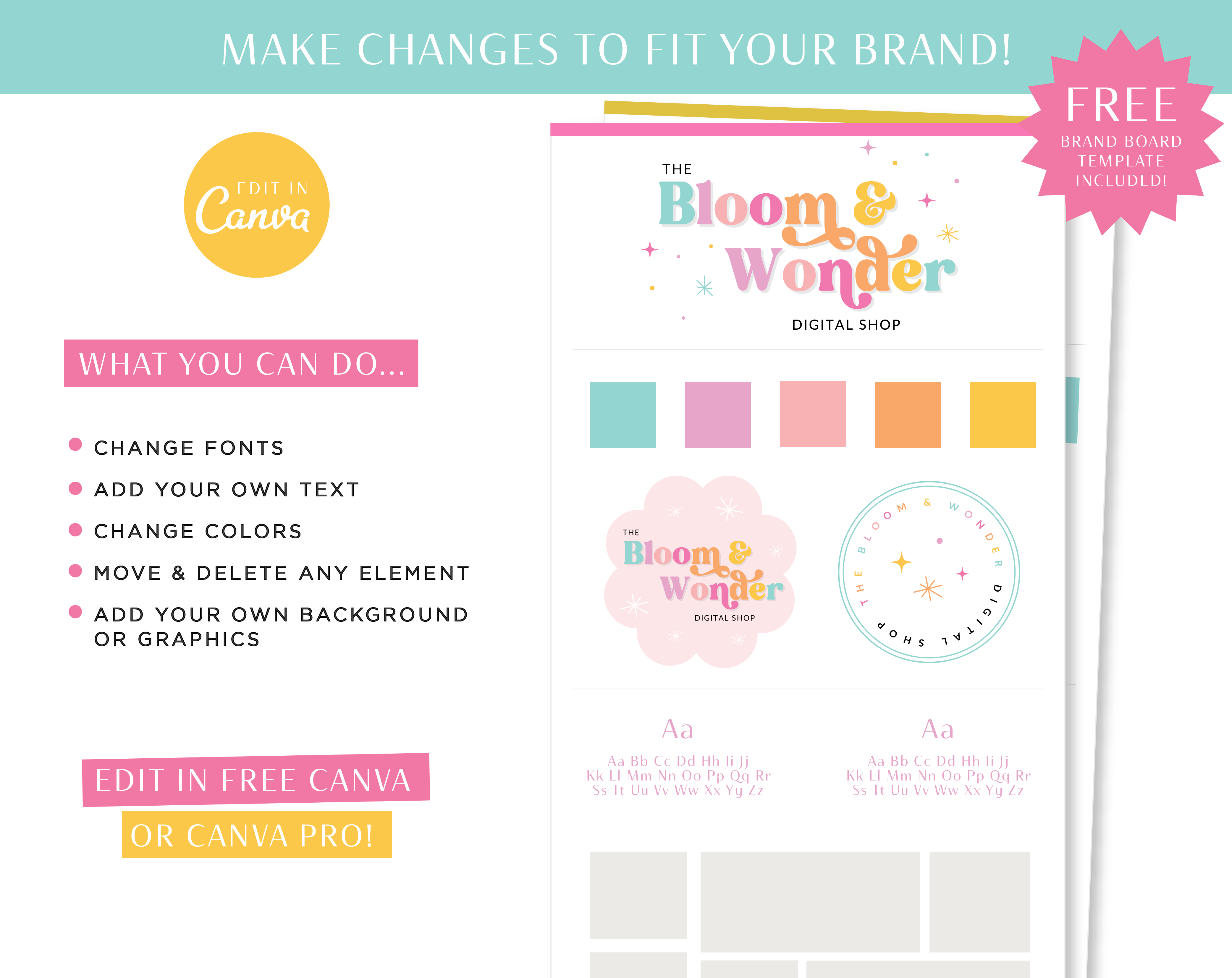 Editable bright boho logo design to edit in Canva, and free brand board design. Edit your own Custom logo with your business name using our stunning template designs.