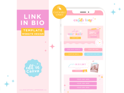 Add social network URLs to your Instagram bio quickly with our one-page website template. Grab this cute bright retro Link in Bio Template for Canva.