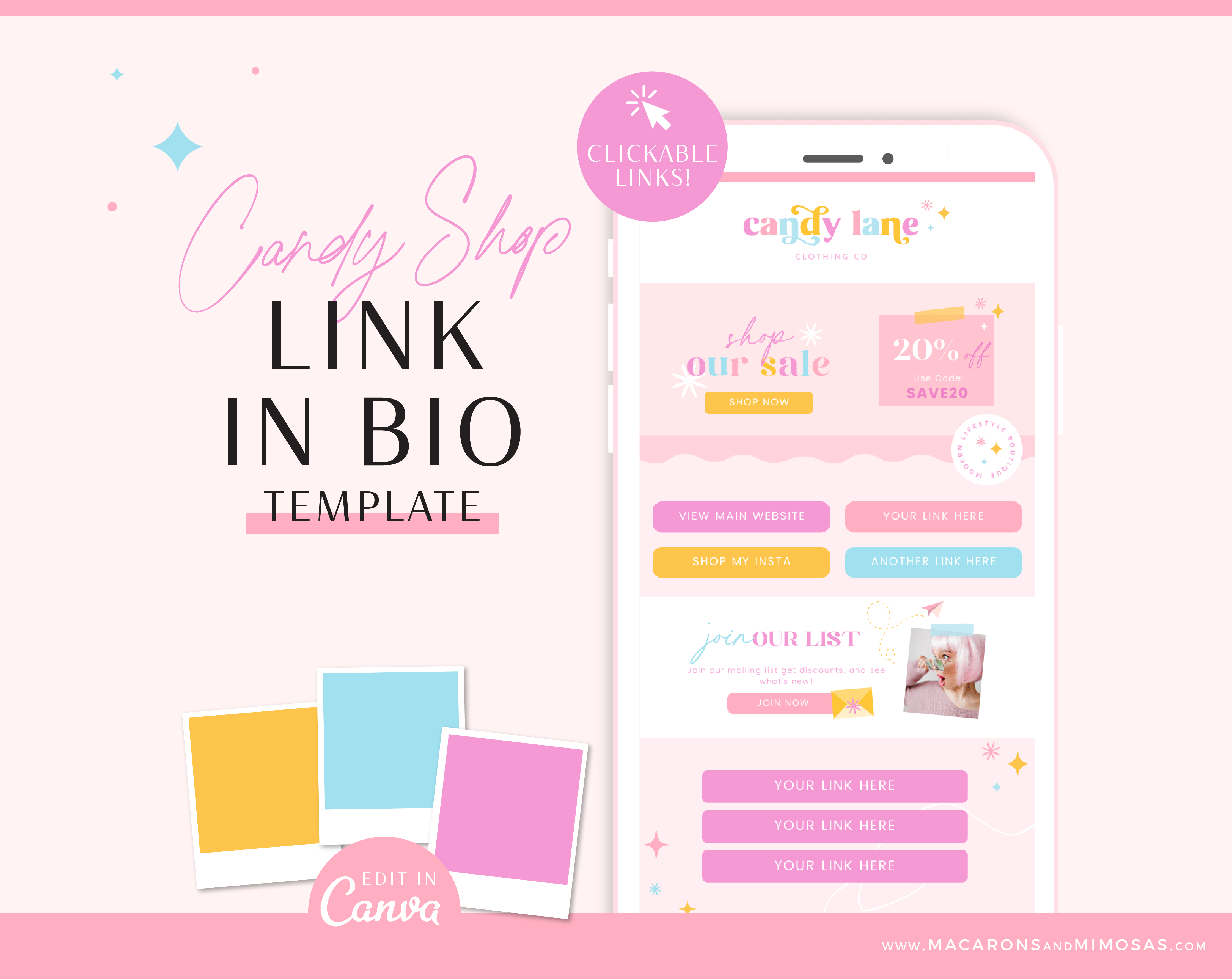 Retro Pink Link in Bio Website Template for Canva, One-page website design for Instagram Profile with pink, orange, and sparkling stars and hearts