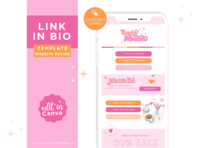 Pink Link in Bio Website Template for Canva, One-page website design for Instagram Profile with pink, orange, and sparkling stars and hearts