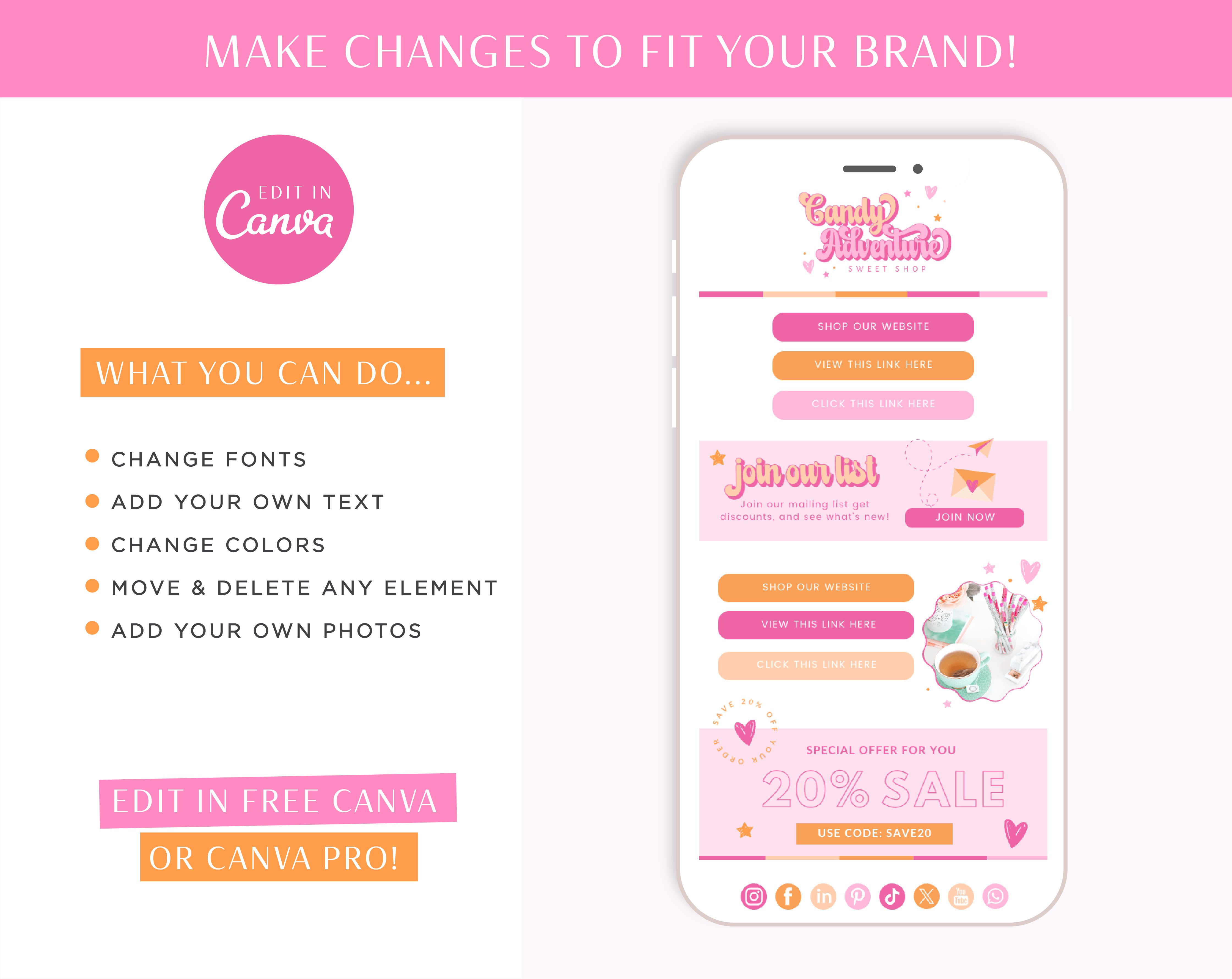 Pink Link in Bio Website Template for Canva, One-page website design for Instagram Profile with pink, orange, and sparkling stars and hearts