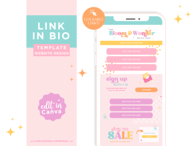 Cute Bio Templates in pastel , Mini Website Template for Canva. One-page free Canva website for Instagram Profile featuring retro stars, gingham, and picnic pattern.