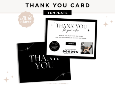 Luxury Thank You Card Template in a minimal black and white design. Custom thank you packaging card Insert, DIY Aesthetic Discount Coupon template