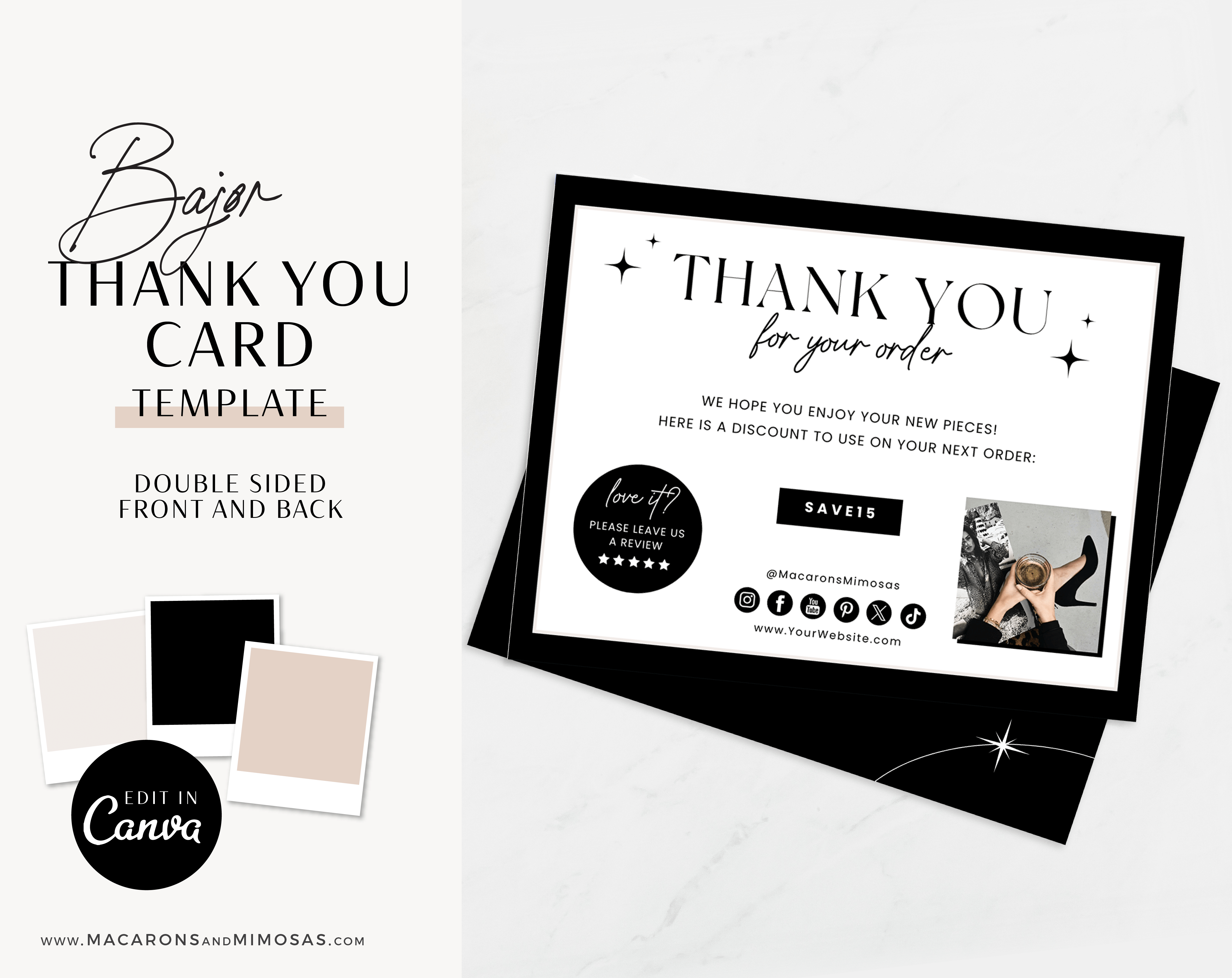 Luxury Thank You Card Template in a minimal black and white design. Custom thank you packaging card Insert, DIY Aesthetic Discount Coupon template