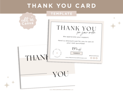 Minimal Thank You Note Template in a minimal black and white design. Custom thank you packaging card Insert, DIY Aesthetic Discount Coupon Template