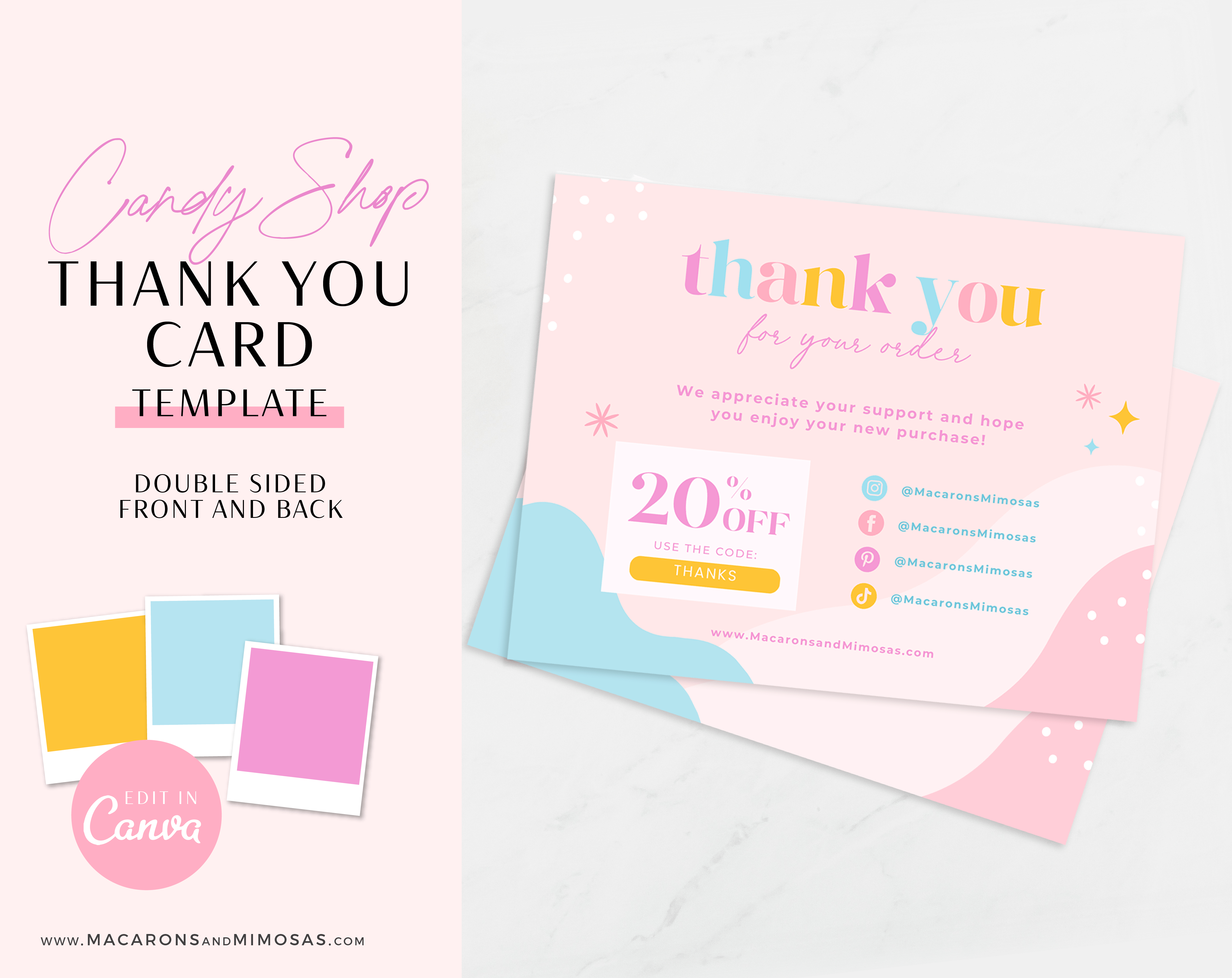 Bright Retro Thank You Card Template editable in Canva, Custom cute and colorful Packaging Insert Card, DIY colorful Aesthetic Discount Coupon
