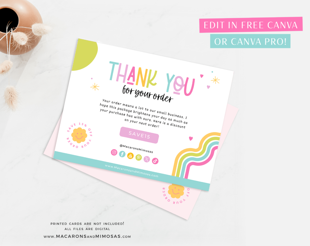 Rainbow Thank You Card Template for Canva • Macarons and Mimosas