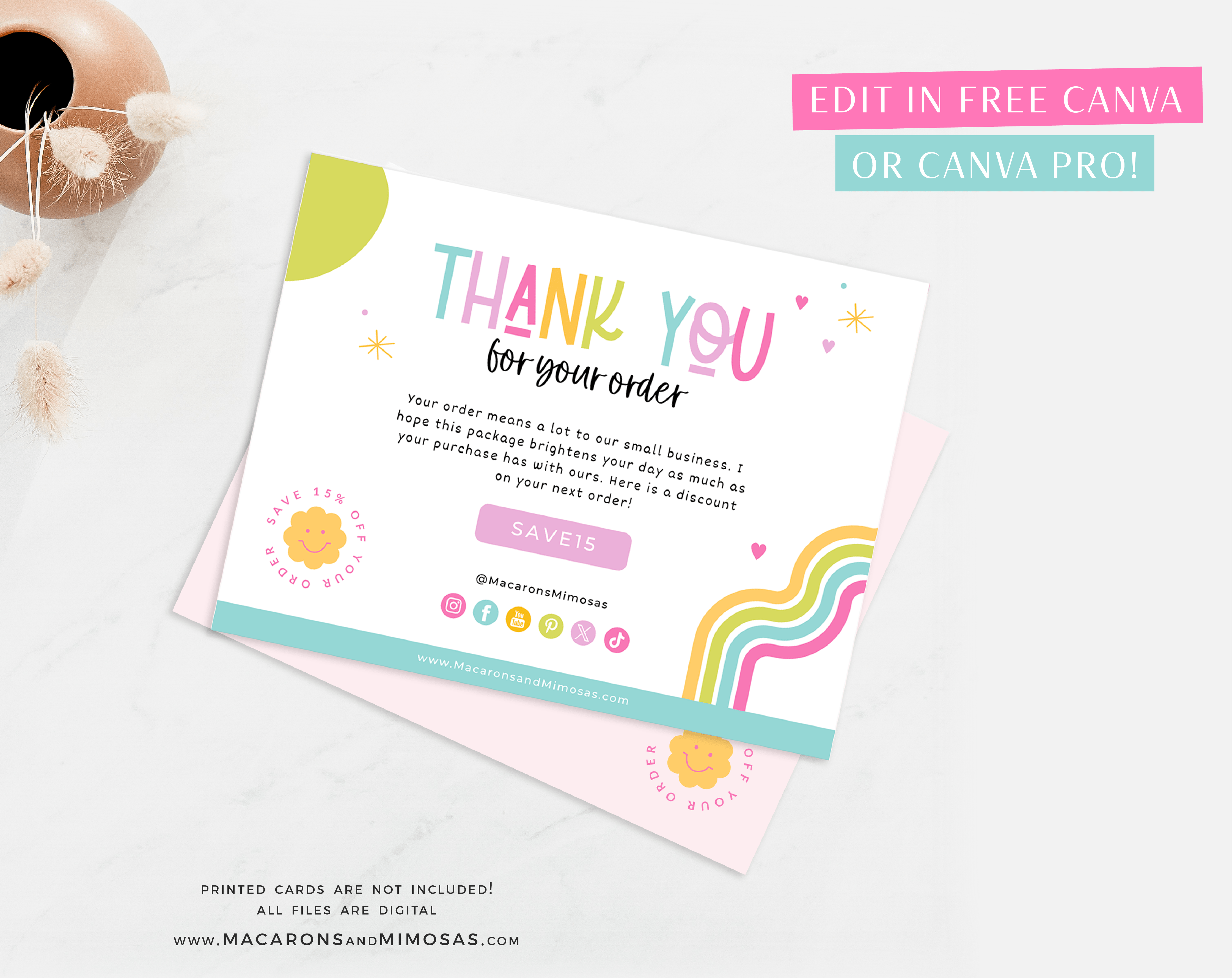 Rainbow Thank You Card Template editable in Canva, Custom cute and colorful Packaging Insert Card, DIY colorful Aesthetic Discount Coupon