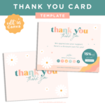 Daisy thank you card Template with a coupon code discount. Featuring pink and white daisy flowers, dots, sunbeams, and a fresh pattern edit in Canva Free