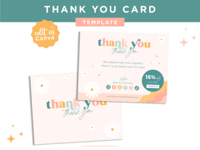 Daisy thank you card Template with a coupon code discount. Featuring pink and white daisy flowers, dots, sunbeams, and a fresh pattern edit in Canva Free