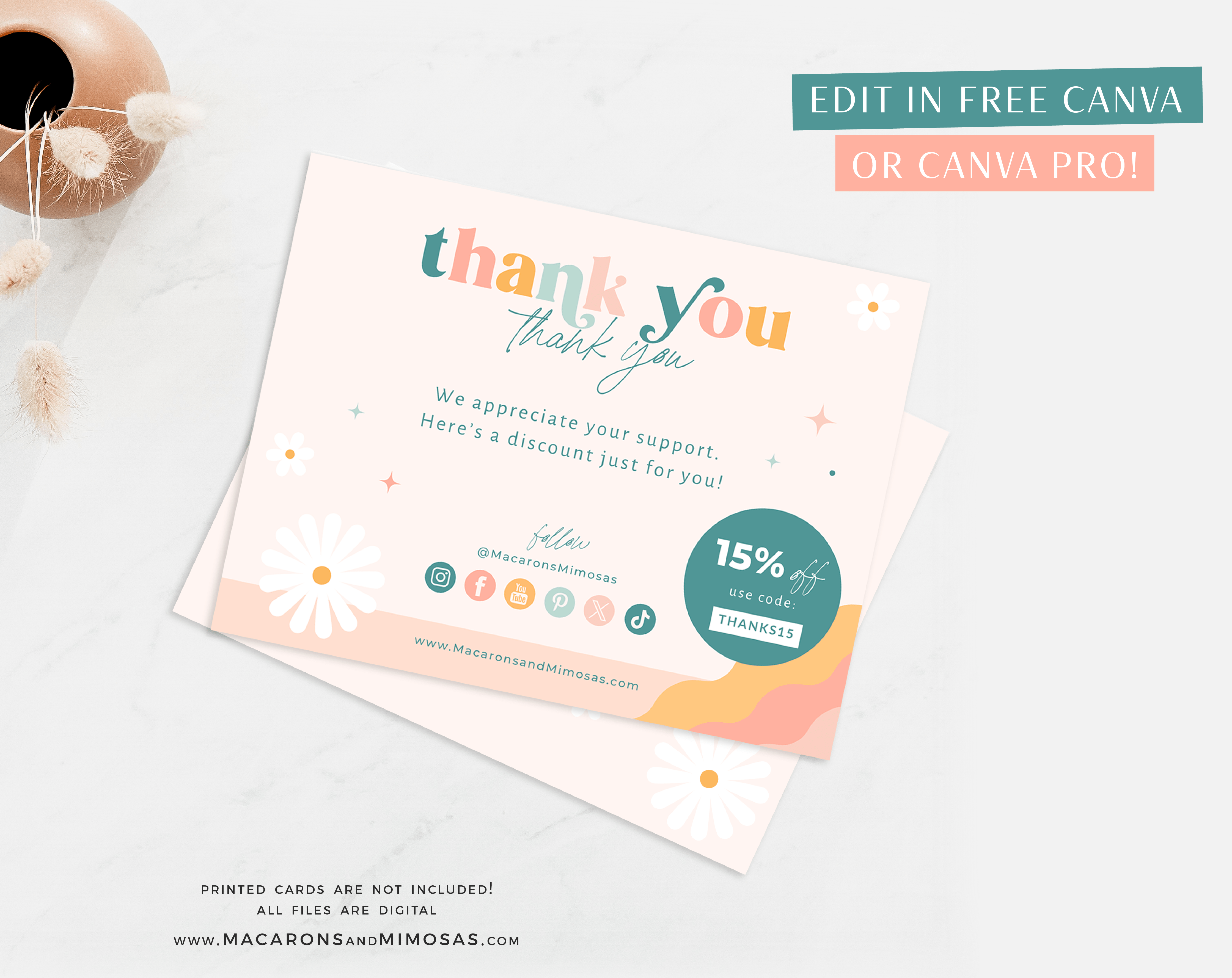 Daisy thank you card Template with a coupon code discount. Featuring pink and white daisy flowers, dots, sunbeams, and a fresh pattern edit in Canva Free
