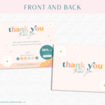 Daisy thank you card Template with a coupon code discount. Featuring pink and white daisy flowers, dots, sunbeams, and a fresh pattern edit in Canva Free