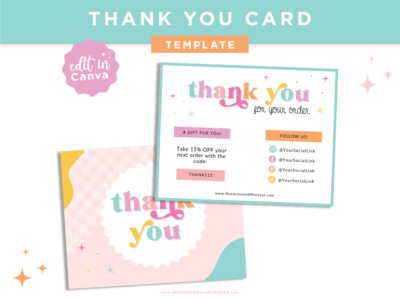 Printable Thank You Card Template in a pastel pink and blue aesthetic for Canva Free. Fun package inserts for discount codes and to send your customers love