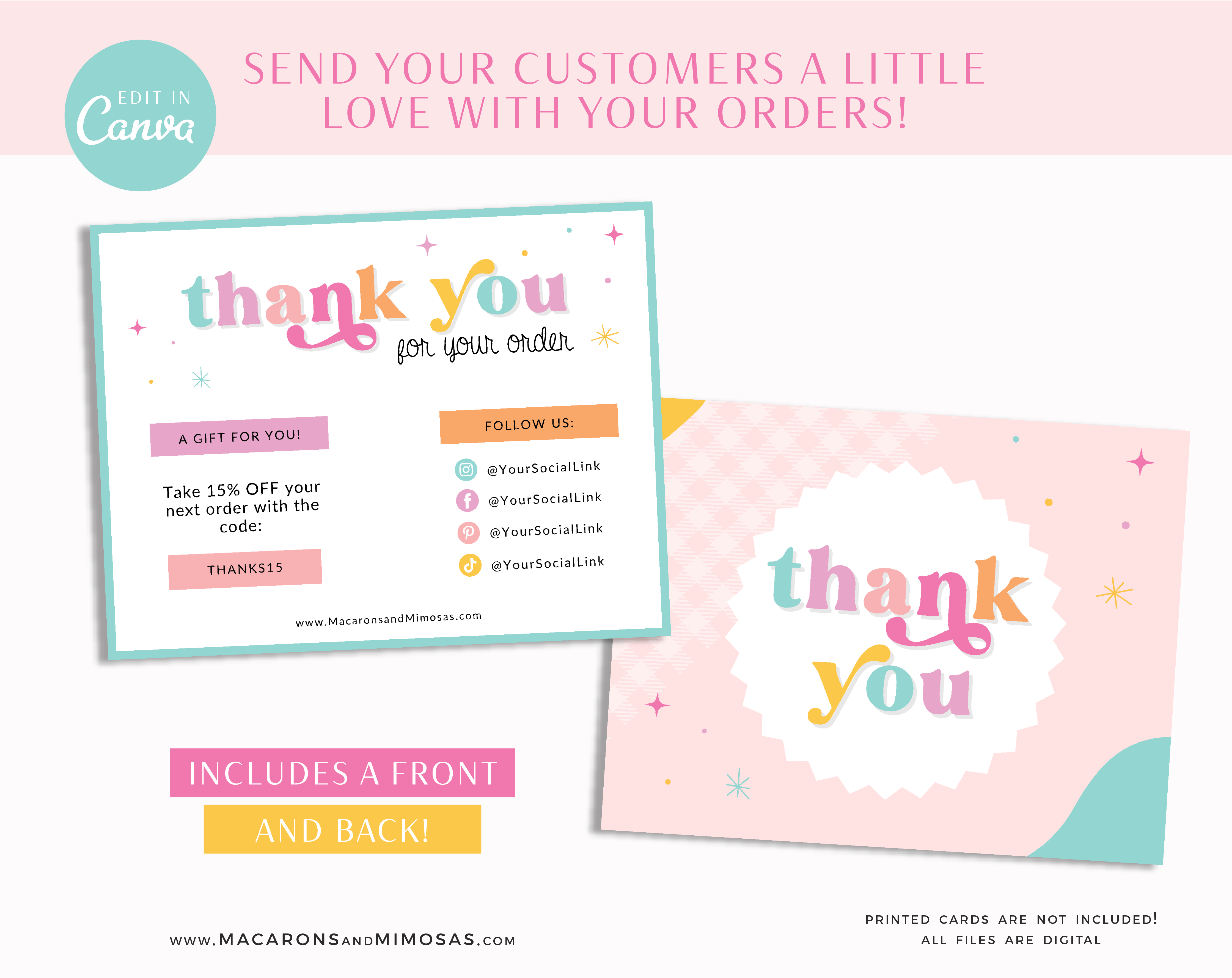 Printable Thank You Card Template in a pastel pink and blue aesthetic for Canva Free. Fun package inserts for discount codes and to send your customers love