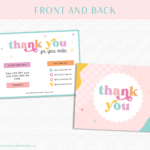 Printable Thank You Card Template in a pastel pink and blue aesthetic for Canva Free. Fun package inserts for discount codes and to send your customers love