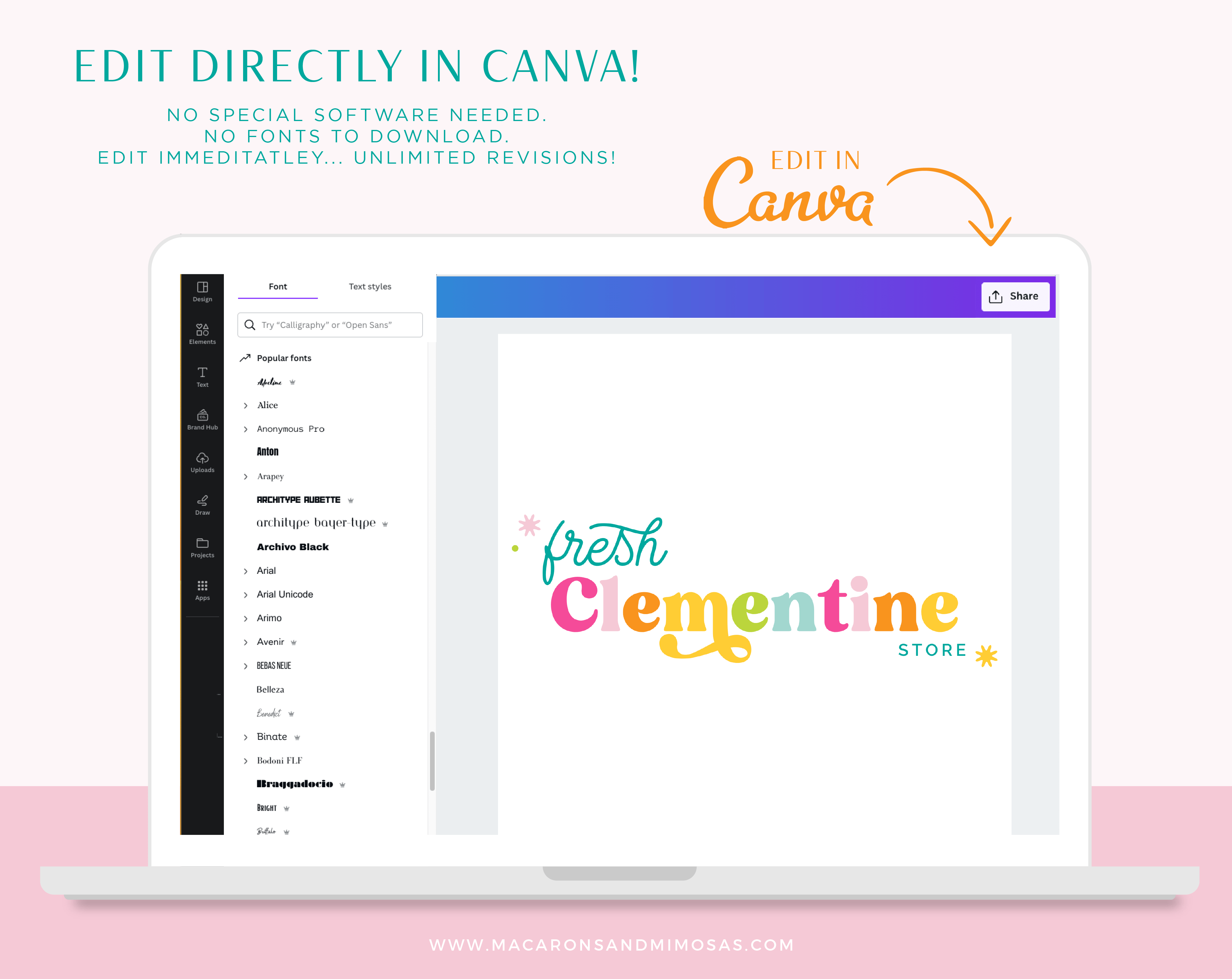 Bright Retro Font Logo with atomic stars edit in Canva, Logo Template Kit with colorful Brand Board template, Boho Stock Photos suggestions, and more! 