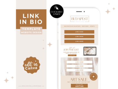 Artist Tiktok Bio Template Link Page edit in Canva. Art Gallery Instagram One-page Website Template to edit Canva for Creatives.