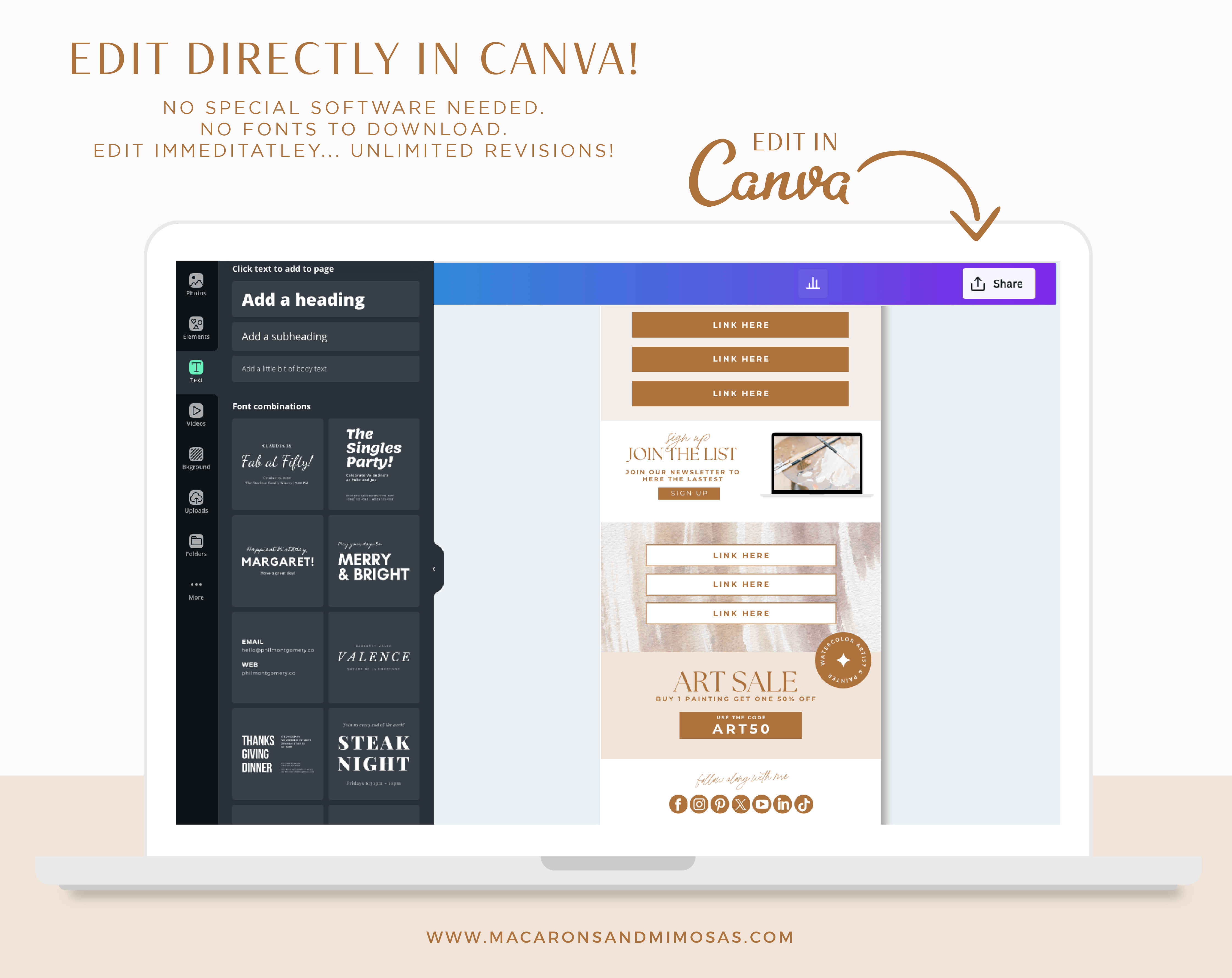 Artist Tiktok Bio Link Page edit in Canva, Art Gallery Instagram Website Template, Ditch LinkTree with this One-page Canva website for Creatives