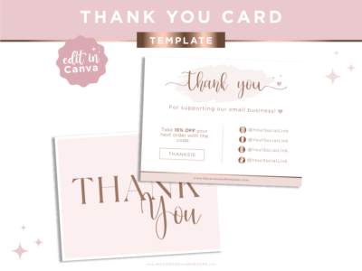 Rose Gold Thank You Card Template, Customizable Pink and Gold Packaging Insert Card, DIY Aesthetic Discount Coupon Thank You For Your Order