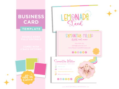 Bright Rainbow Retro Editable Business Card Template edit in Canva. Retro DIY business logo with stars and hearts in a bright colorful design.