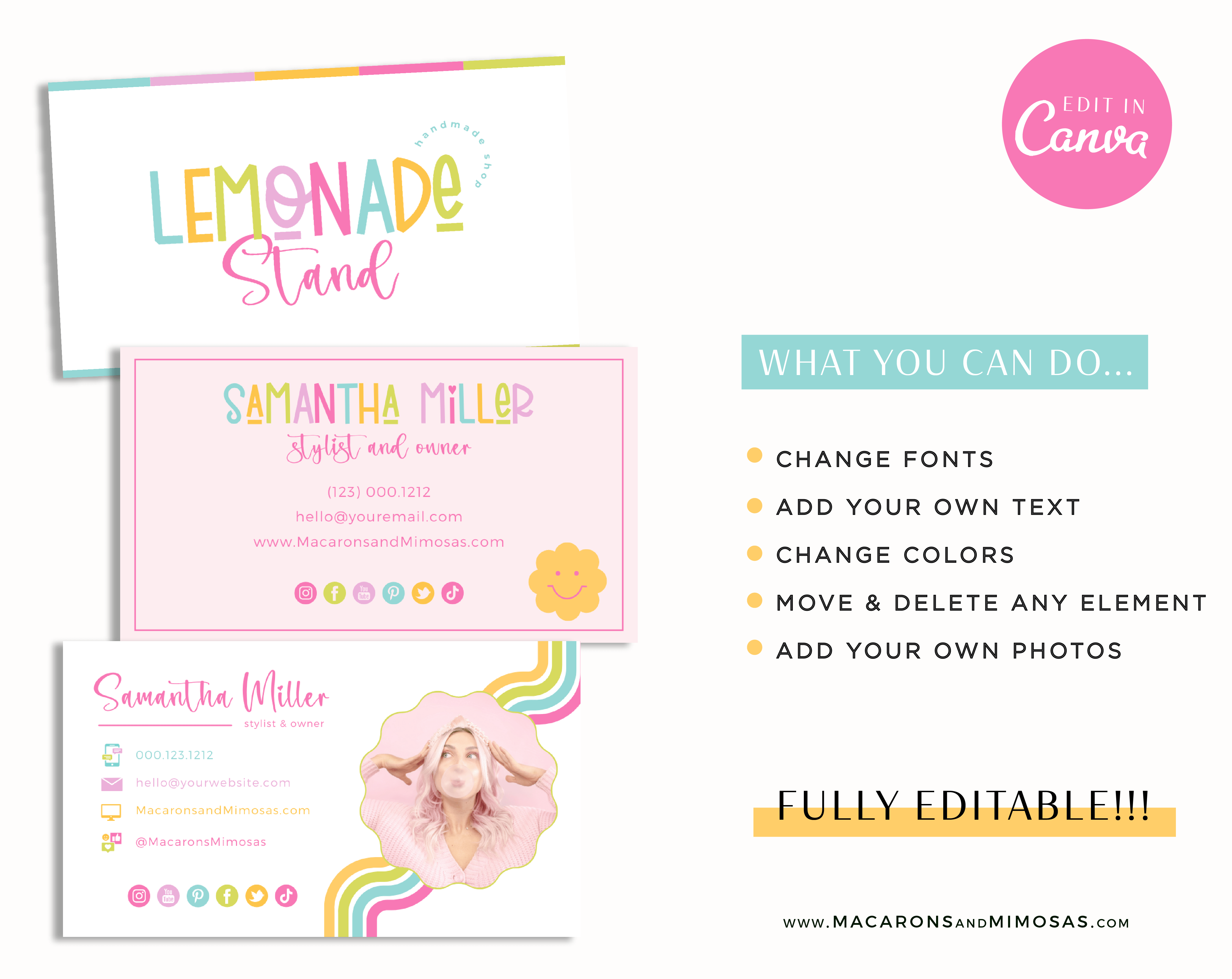 Bright Rainbow Retro Editable Business Card Template edit in Canva. Retro DIY business logo with stars and hearts in a bright colorful design.