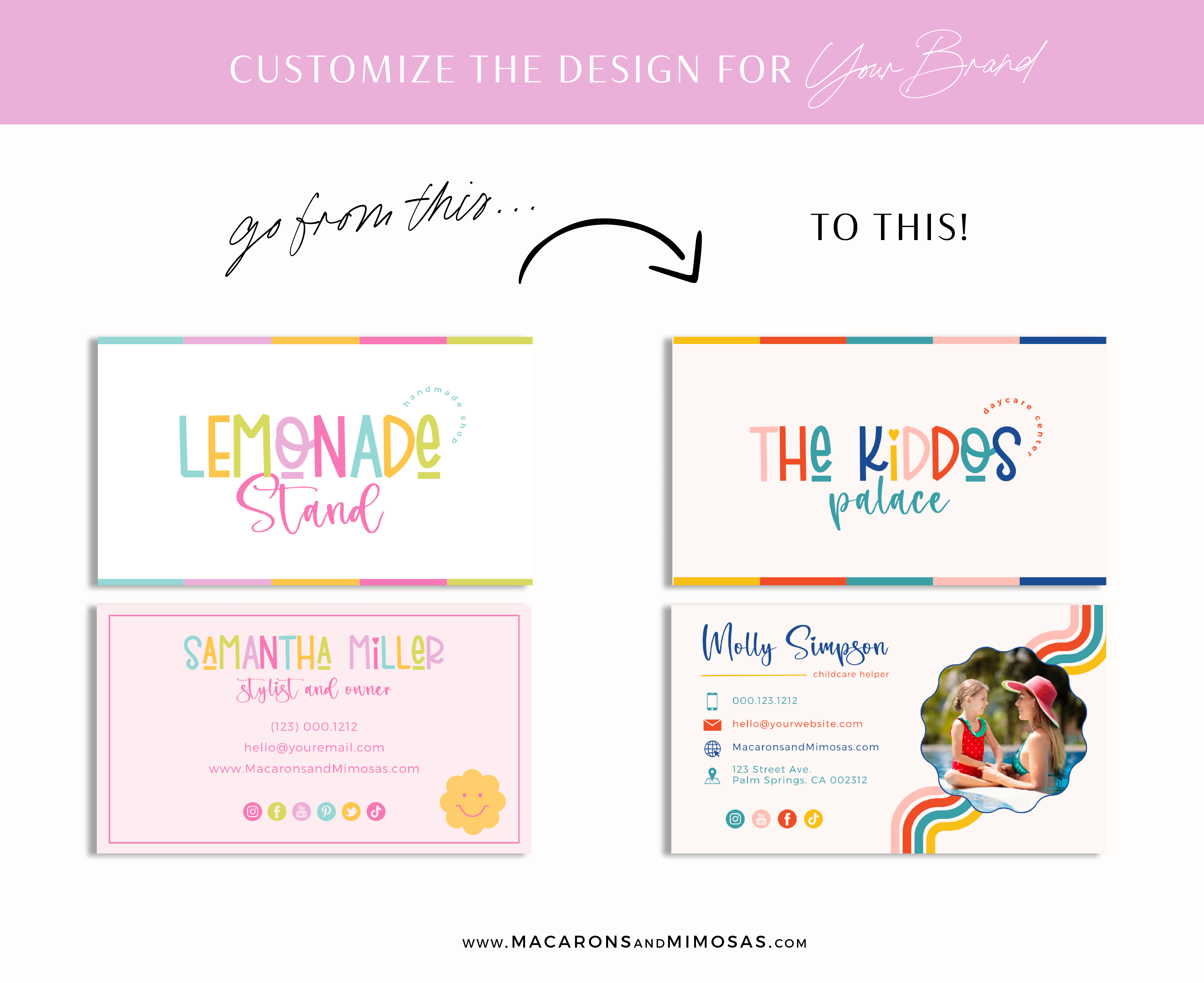 Bright Rainbow Retro Editable Business Card Template edit in Canva. Retro DIY business logo with stars and hearts in a bright colorful design.