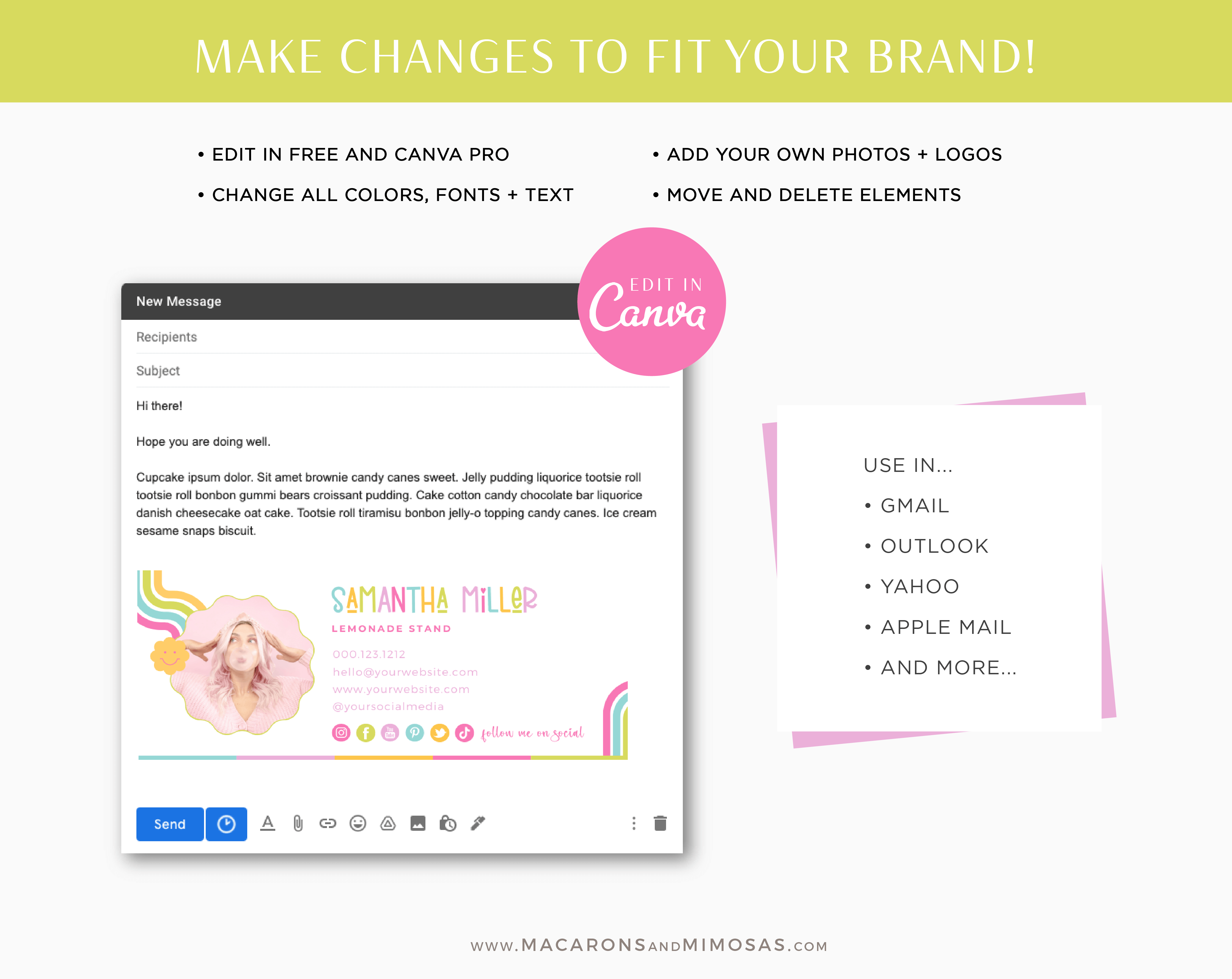 Bright Rainbow Email Signature Template for Canva, Colorful Email Signature for Gmail, DIY Clickable Email Signature Pink with a boho rainbow