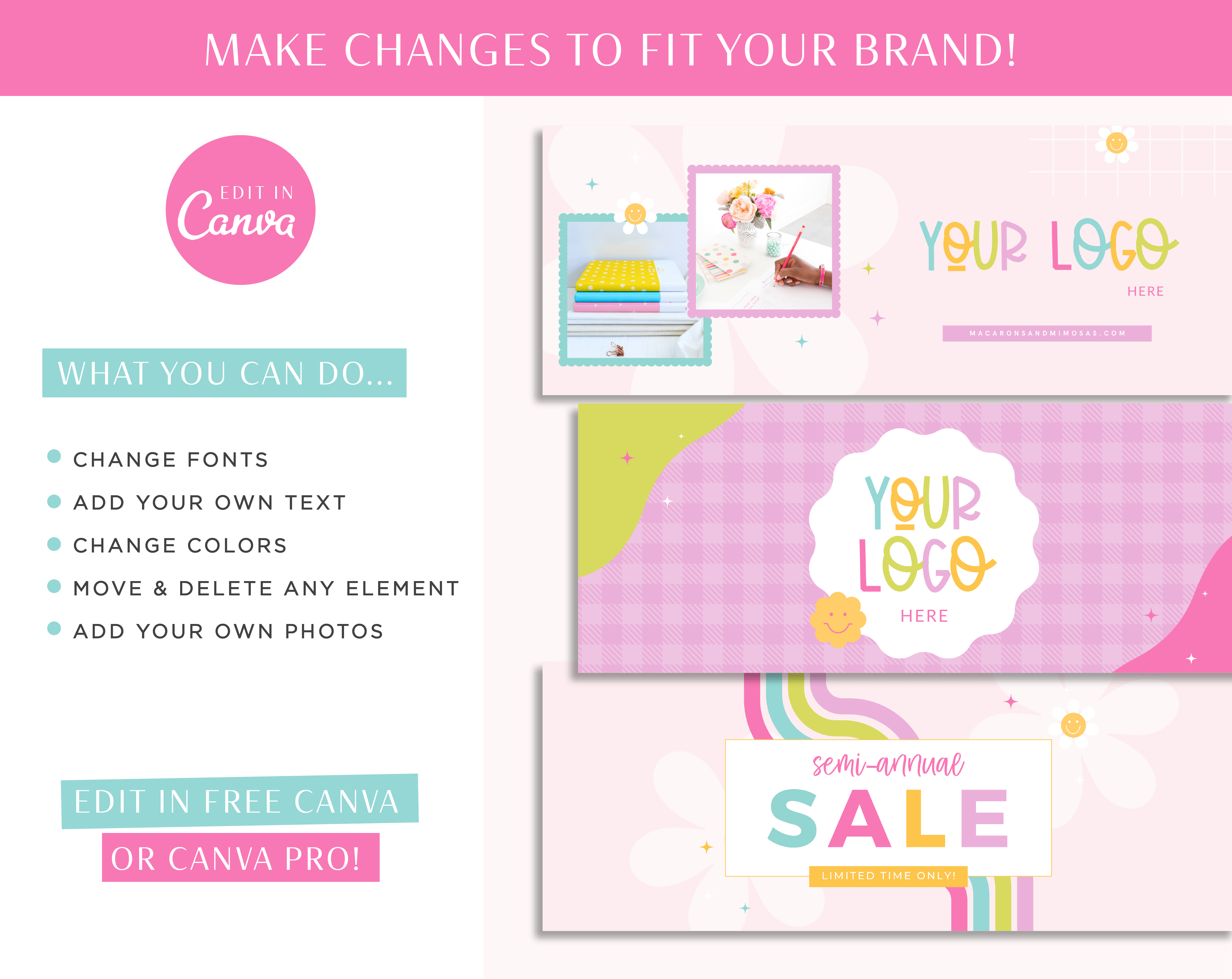 Bright Rainbow Facebook Cover Template Bundle is editable in Canva. Market your brand and showcase discounts, new products and sales on social media.