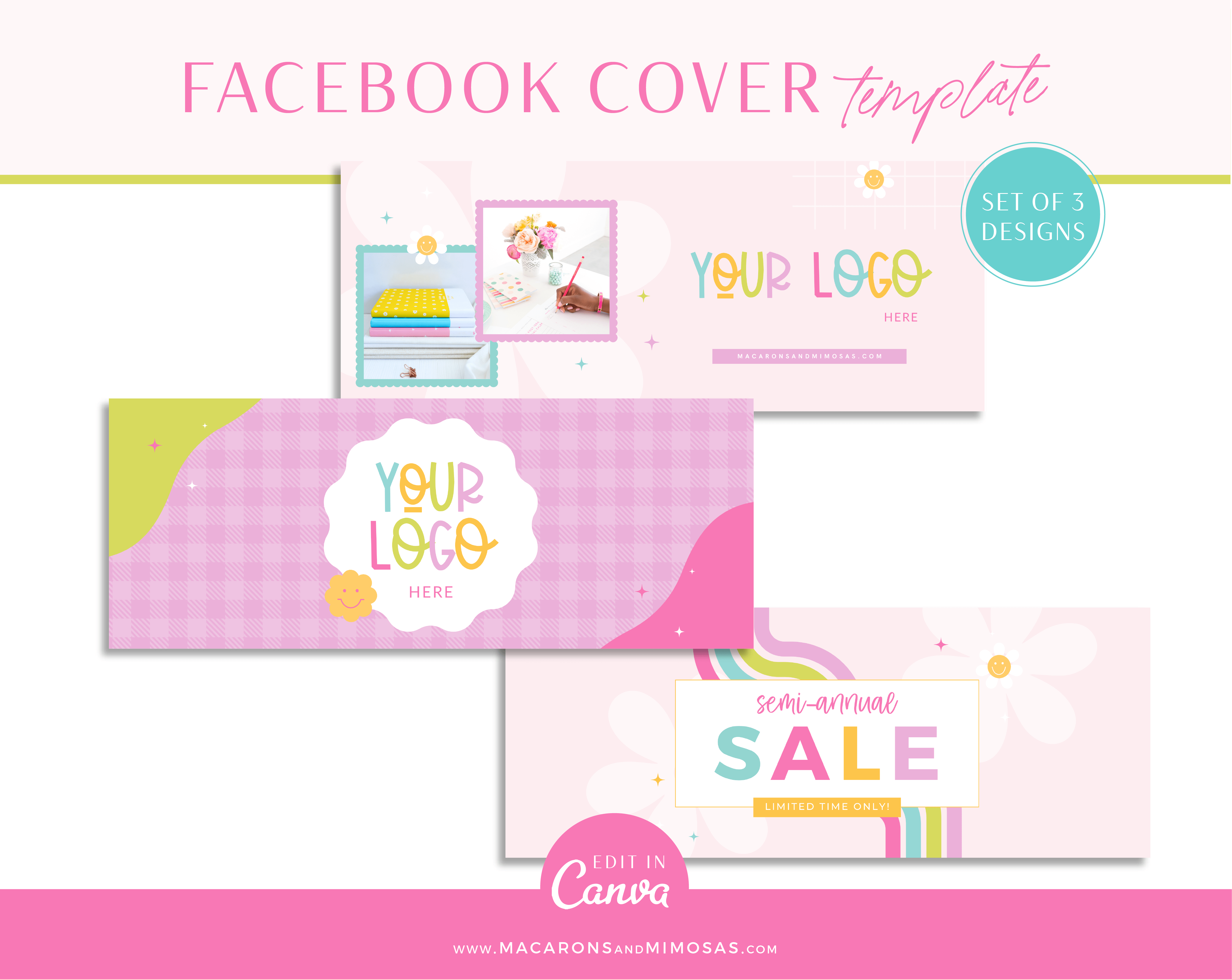 Bright Rainbow Facebook Cover Template Bundle is editable in Canva. Colorful Social media banner tempaltes your brand to showcase discounts, new products and sales.