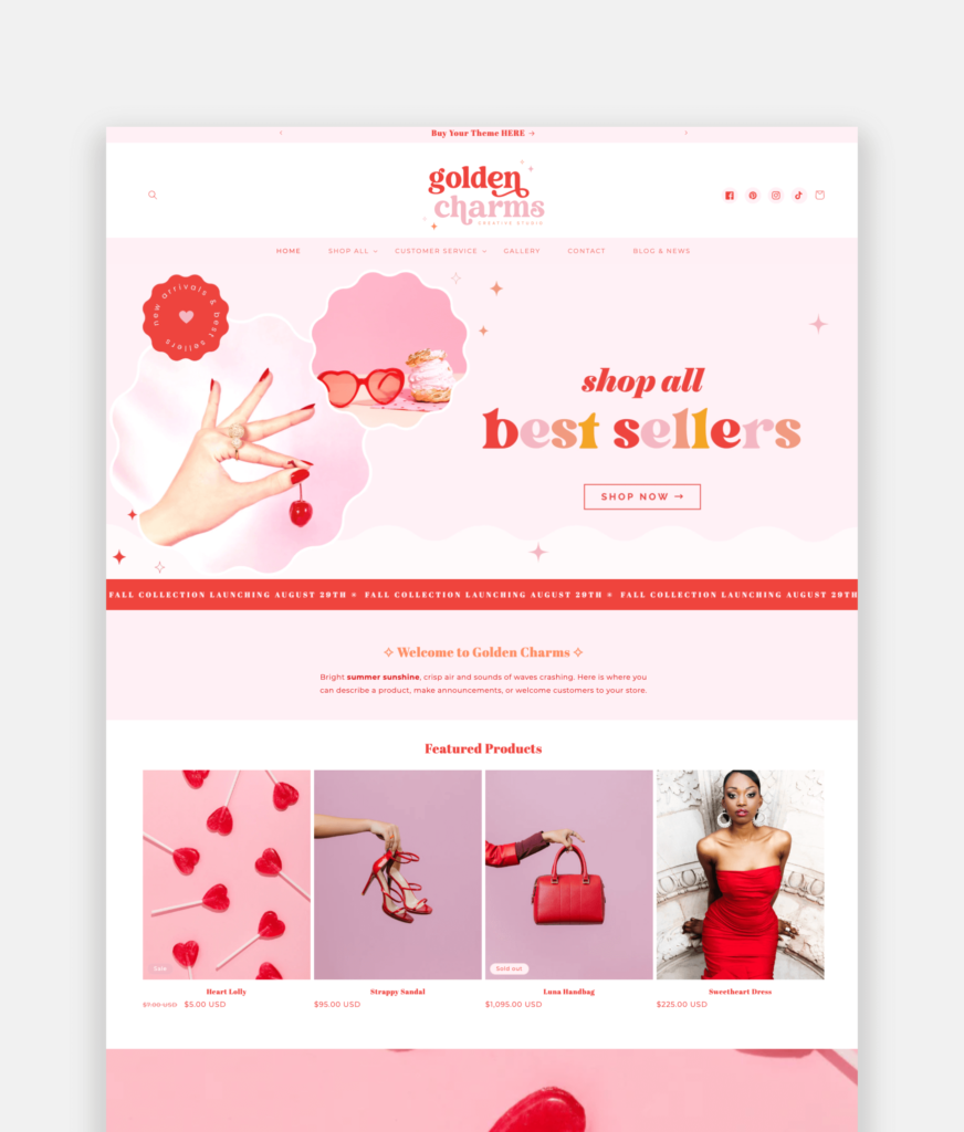 Golden Charms Bright Pink and Red Shopify Theme for party stores, fashion boutiques, and more.