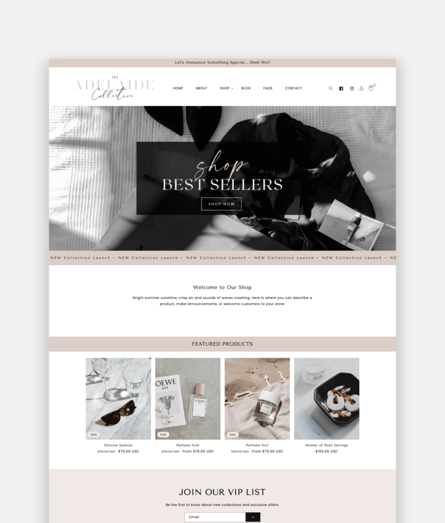 Shopify Theme in a minimal black and white design for an online boutique. A luxurious ecommerce store template with theme and banners for your Shopify website.