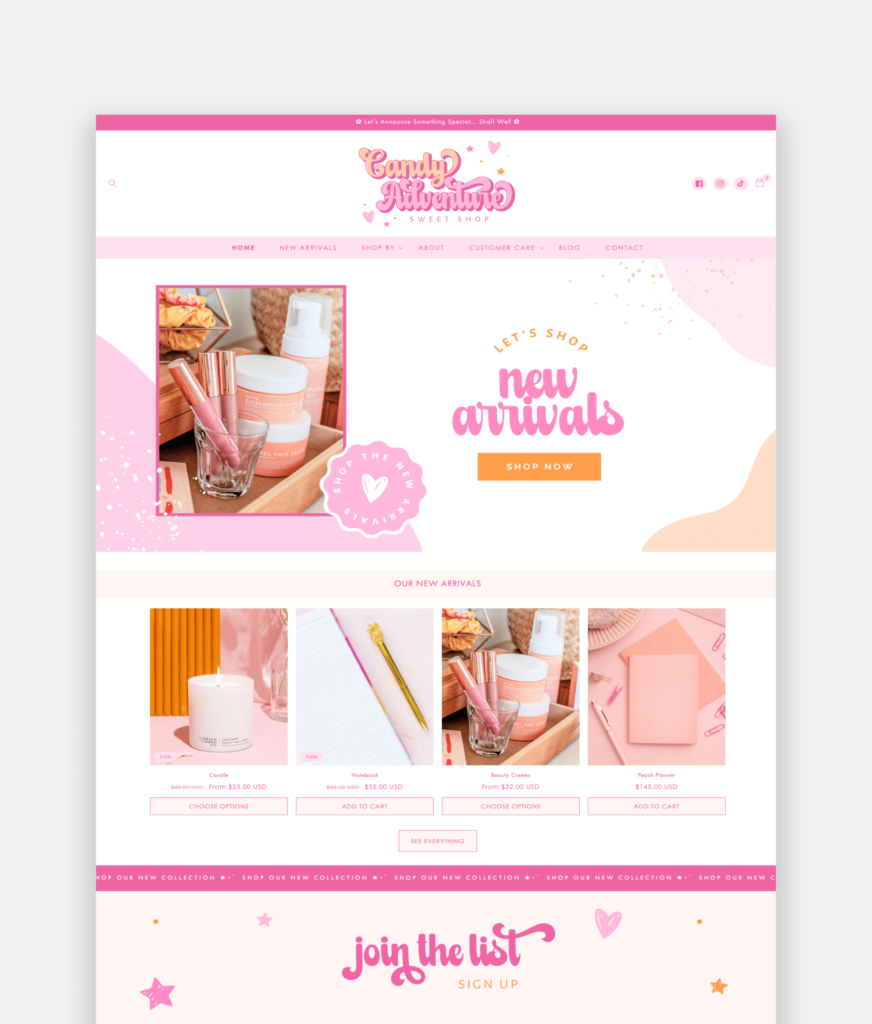 Bright Rainbow Shopify theme in Pink Candy Vibes Retro Fun Style