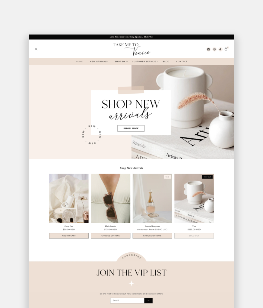Shopify theme store featuring premium templates to style your online store. White and Pink Shopify Theme Template.