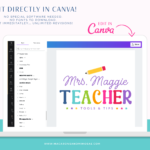Teacher logo design template in a rainbow style to edit in Canva. Perfect for teacher, educator, daycare, kids boutique, stationery store and small business