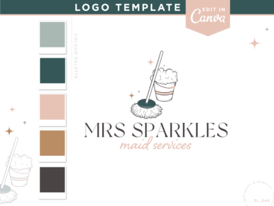 Cute house cleaning Logo with mop, bucket, and atomic stars. Maid service logo for cleaning business and housekeepers. Style this logo for your brand.