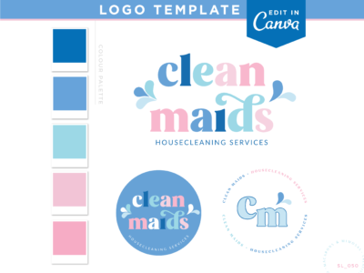 House cleaning services logo editable in Canva. Professional logo design for your Cleaning and Maid Services with cute water splashes.