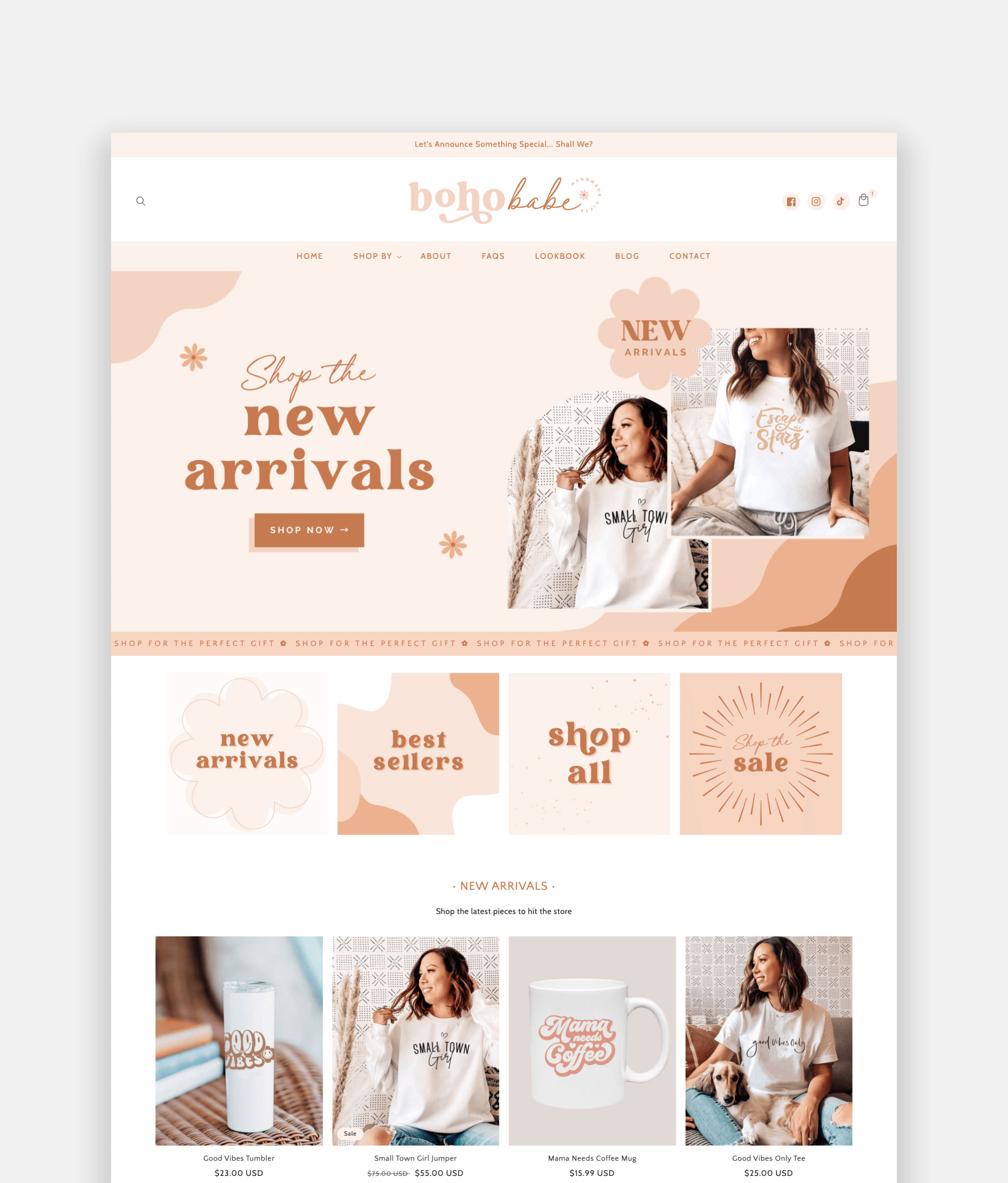 Neutral pastel boho Shopify theme template for handmade shops and creative entrepreneurs