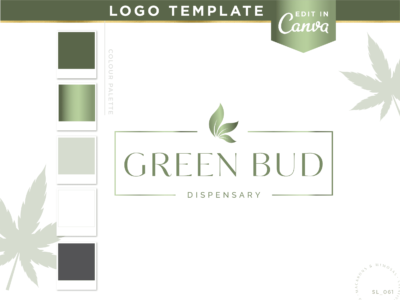 Pot logo design template to edit in Canva. Metallic green weed graphic for a creative small business. Looking for a custom logo? We offer that too!